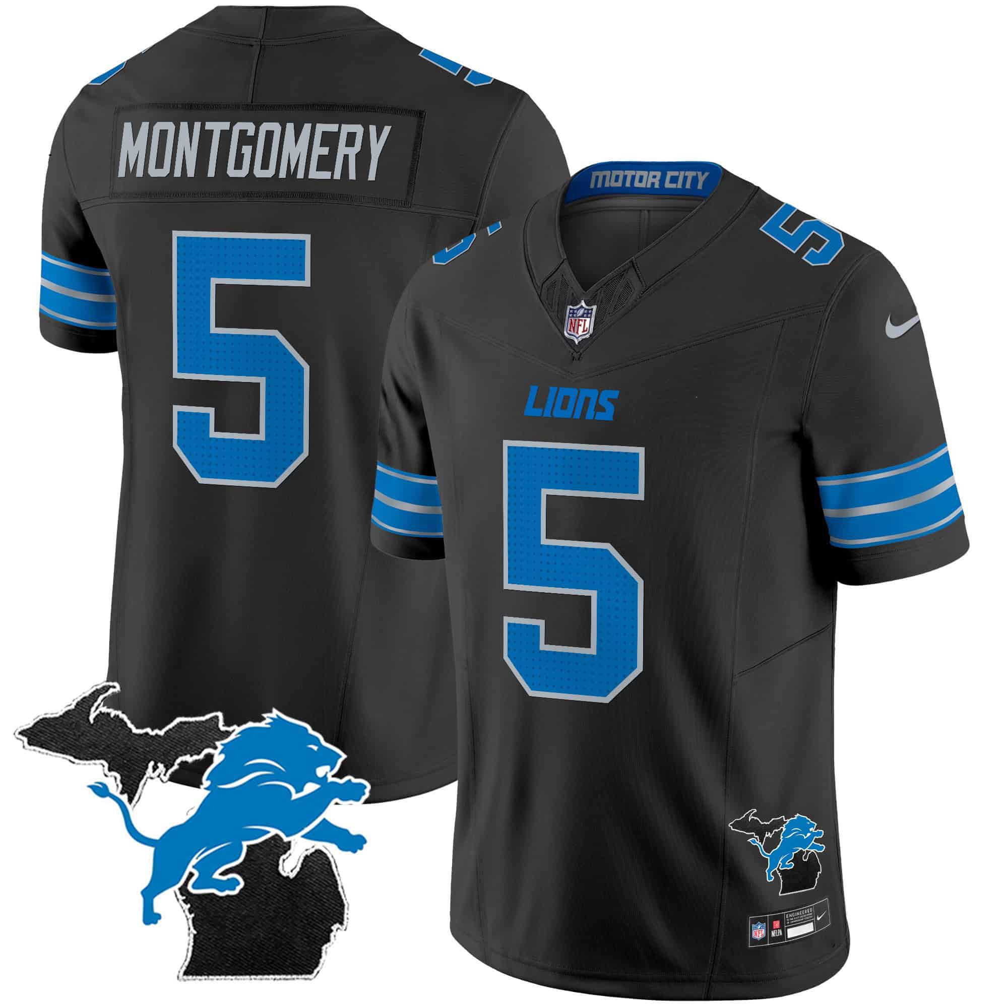 Men Detroit Lions 5 Montgomery Black 2024 Nike Michigan Patch Vapor Limited NFL Jersey style 1